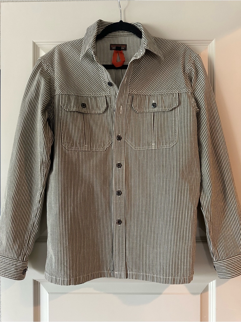 Patagonia Striped Button-Up Work Shirt Jacket in brown and white